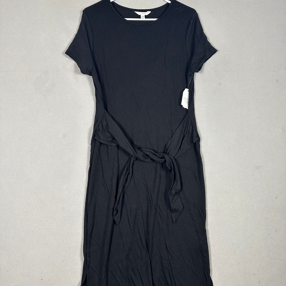 NEW Time and Tru Dress Women Large Tie Waist Knit Black Short Sleeve Midi Casual